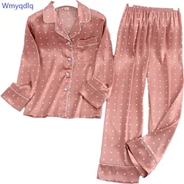 Wmyqdlq Ice Silk Pajamas Women Long Sleeve Sexy Pyjamas Autumn Trousers Suits Printing Pijama Pyjama Sets Lapel Casual Wear 201217