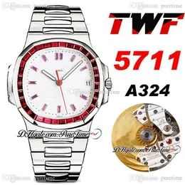 TWF Jumbo Platinum Ruby Bezel 5711 White Texture Dial A324 Automatic Mens Watch Hip Hop Bling smycken Bästa utgåva PTPP 2021 PURETIME E166A1