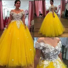 Żółte sukienki balowe 2022 Skromne z 3D Kwique Applique Pearle na zamówienie Wykonanie linii długości podłogi Tiul Formal Even Every Gowns Vestidos 401 401