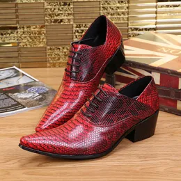 Red Snake Skin Men Party Club Dress Shoes Genuine Leather High Heel Oxford Shoes Men Lace Up Formal Derby Shoes