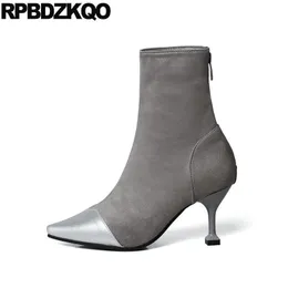 Stövlar High Heel Ankel Plus Storlek Grå Plysch Sexig Designer Skor Stiletto 9 Suede Kvinnor Vinter 2021 Pekad Toe 13 45 Big 12 441