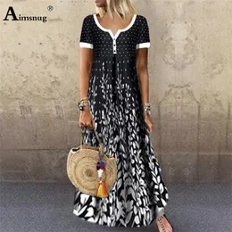 Aimsnug Mulheres elegante vestido longo Único-breasted v-pescoço boho impressão festa vestidos senhoras botão vintage casual maxi vestido t200603