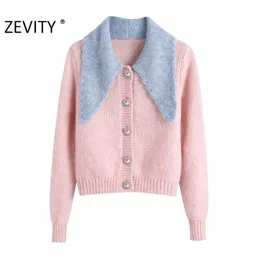Zevity New Women Fashion Color Matching Blue Collar Patchwork Pink Knitting Sweater Femme Chic Diamond Button Cardigan Tops S430 201023