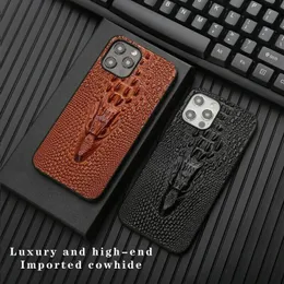 Äkta läderfodral för iPhone 13 Pro Max 12 11 XS XR Crocodile Dragon Head Back Cover