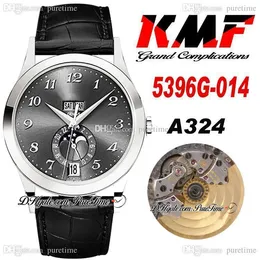 KMF 5396G-011 Grand Complications A324 Automatiska Mens Watch Steel Case Grå Dial Stick Markörer Moon Fas Svart Läderrem Klockor Super Edition Puretime B2