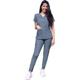 Inne Odzież Modna damska V-Neck Solid Jogger Medical Scrub Set Soft Polyester Stretch Hospital