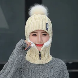 Wool Knitted Hat Ski Women Hat Sets For Female Windproof Winter Outdoor Knit Warm Thick Siamese Scarf Collar Warm Hat Girl Gift265h