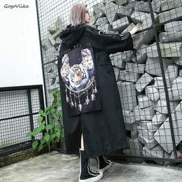 Neue Frühjahr Tiger Patch Trenchcoat Mit Kapuze Riemen Frauen Schwarz Lange Casual Design Bänder Windjacke Pins Plus größe LT644S50 201102