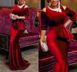 2021 Burgundy Mermaid Evening Dresses 3/4 Long Sleeves Off the Shoulder Embroidery Peplum Plus Size Evening Party Gown Formal Occasion Wear