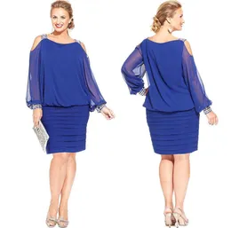 Royal Blue Long Sleeves Mother Of The Bride Dresses Elegant Sheath Beaded Layers Knee Length Plus Size Mother's Gowns BA4605