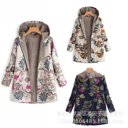 Kvinnors Fashion Leaves Floral Print Fluffy Fur Hooded Långärmad Vintage Coats Manteaux Dames Veste Femme Plus Storlek S-5XL