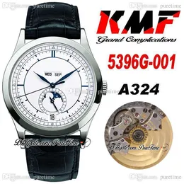 KMF 5396G-011 Grand Complications A324 Automatic Mens Watch Steel Case White Blue Dial Stick Markers Moon Phase Black Leather Strap Watches Super Edition Puretime C3