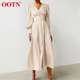 Ootn Beige Single Breasted Sexy Dress Party Clud High Waist Satin Long Elegant V Neck Women Midi es Lantern Sleeve 220215