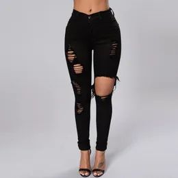 Black Ripped Jeans For Women High Waist Jeggings Stretch Denim Trousers Hole Hollow Out Slim Pencil Pants Femme Plus Size 4XL 201105