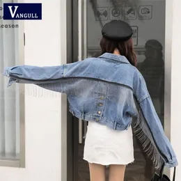 Vangull Women Bat Sleeve Tassel Short Loose Burr Denim Jacket Female Fashion Oversize Outwear Autumn Streetwear Jean Coat LJ201021