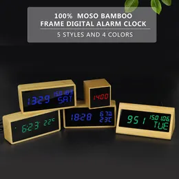 100% bambu digitalt väckarklocka Trä LED Bordsklocka Elektronisk Despertador Desk Ljusstyrka Röst Snooze Control Temperatur 201119