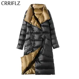 CRRIFLZ Frauen Doppelseitige Daunen Lange Jacke Frühling Herbst Rollkragen Weiße Ente Unten Zweireiher Warme Parkas Schnee Outwear 201110