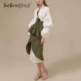 TWOTWINSTYLE Skirt Two Piece Set Female V Neck Puff Sleeve Big Size Long Dress With High Waist Lace Up Ruched Irregular Skirts T200702