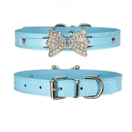 PU Leather Dog Collar With Bling Rhinestone Bow Adjustable Pets Collars for Small Medium Large Dogs Puppy Pet Supplies XXS-L WLY BH4516