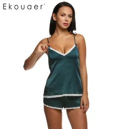 Ekouaer Kvinnor Kläder för Sommar Shorts Sats V-Neck Sleepwear Satin Pajama Kvinnors Pajamas Spaghetti Strap Lace Sexig Pajama Set Y200708