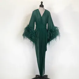 Royal Bride Sleepwear Robes Feather Long Sleeve Custom Made Ruched Chiffon Women Sleepwear Sweep Train Pyjamas Dresses267J