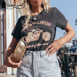 EVERKAKI Vintage T Gömlek Kadın Motosiklet Desen Retro T Gömlek Teestops Kısa Kollu Boho Baskı Tee Gömlek Yaz T200110