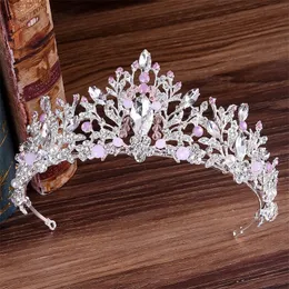 KMVEXO European New Handmade Cute Pink Crystal Beads Crown Bride Hair Jewelry Wedding Tiaras Diadem Headdress Headpieces Y200409