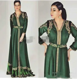 Elegancki Emerald Green Moroccan Kaftan Formalne Suknie Wieczorowe Długie 2021 Kryształy Koraliki Złote Hafty Koronki Dubaj Arabskie Party Party Suknie