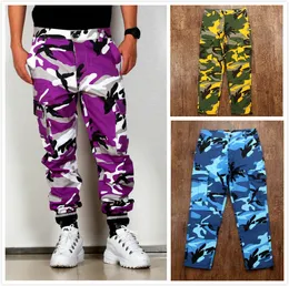 Cor Camo BDU Camuflagem Carga Calças Homens Mulheres Casual Streetwear Bolsos Botões Laranja Laranja Sweatpants Hip Hop Trouser LJ201007