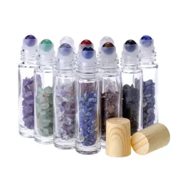 Essential Oil Diffuser 10ml Clear Glass Roll On Perfume Bottles with Crushed Natural Crystal Quartz Stone Crystals Roller Ball Wood Grain Cap
