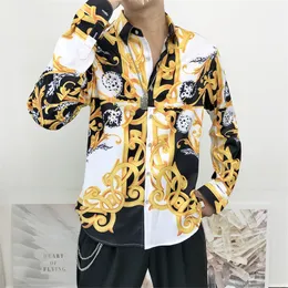 Luxury Print Men Shirt Långärmad Vintage Guld Barock Designer Skjortor Män Klänning Streetwear Camisa Feminina 2020 Camicie Uomo C1222