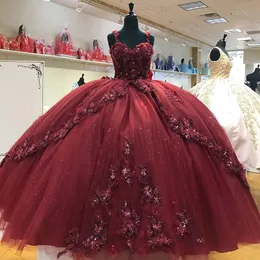 Burgundy Sweet 16 Ball Gown Dresses Beaded Sequins 3D Flowers Sweetheart Vestido de 15 Anos Quinceanera Party Gowns