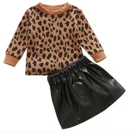 Fashion Toddler Kids Girls Baby Clothes Sets Leopard Print Pullover Sweatshirts Sweater+Zipper PU Leather Skirts Warm Outfits for Children