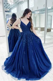 blue elegant Long Prom Dresses 2021 Lace Applique spaghetti straps evening Gowns vestaglia donna vestidos de gala