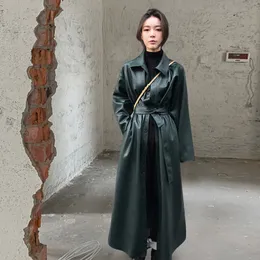 Herbst Neues Design Damen drehen Kragen coole Mode Midi Lange Pu Leder Schärpe mit Gürtelscheibe Mantel Abrigos Plus Size