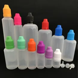 PE tom juice flaska 3 ml 5 ml 10 ml 15 ml 20 ml 30 ml flytande ECIG -plastnåldroppsflaskor LDPE med barnsäker lock