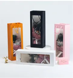 Rectangle Gift Package Bag Visible Window White Pink Black Paper Wine Flower Present Bag Birthday Festival Gift Packing Case