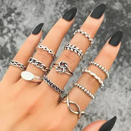 Vintage Silver Color Chain Ring Set For Women Men Punk Silver Plated Geometric Knot Midi Finger Rings 2022 Trend Jewelry Gifts