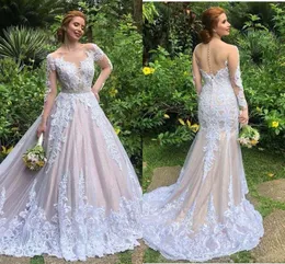 Long Sleeve Mermaid Country Wedding Dresses with Detachable Train 2022 Lace Applique Beaded Fishtail Two Pieces Bridal Gown