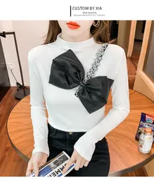 New design women's luxury big bow rhinestone patchwork stand collar long sleeve thread cotton t-shirt SMLXL