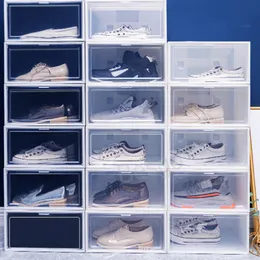 透明なプラスチック靴箱のフリップバスケットボールの靴収納箱積み重ね可能な家庭用靴のキャビネット防塵オーガナイザーケースBH6192 TYJ