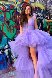 Lavender Slit Hasło Tulle Prom Dresses V-Neck African Reception High-Lo Formalne Suknie Wieczorowe na imprezę Vestidos