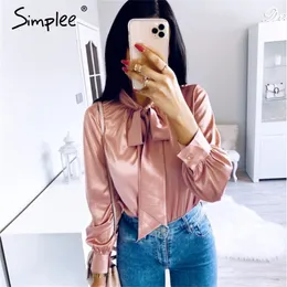 Simplee Casual pink long sleeve women blouse shirt Summer spring neck tie blouses shirt Elegant work wear loose female solid top LJ200810