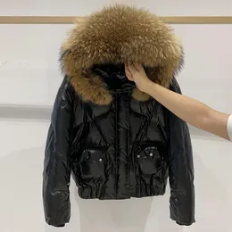 Janveny Real RaCoon Fur Hooded 2020レディースダウンジャケット冬防水ショートアヒルダウンコート女性光沢のあるフードフェザーパーカーLJ201021