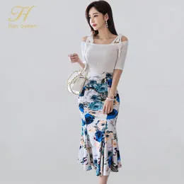 Han Queen Women Summer Work Wear 2 Pieces Suit Off The Shoulder Blouses & Print Sheath Skirt Casual Occupation Set1 Two Piece Dress