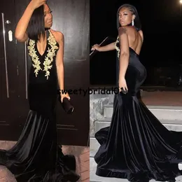 Black Mermaid Prom Dress 2021 Velvet V Neck Arabski Aso Ebi Gold Koronki Formalne Wieczorowe Party Suknie African Girl Dywan Dress