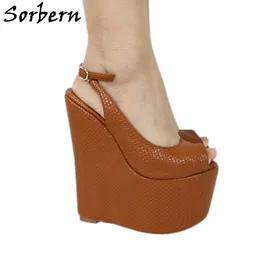 Sorbern Moda Kahverengi Dalgalı Slingback Ayakkabı Pompa Yüksek Topuklu Peep Toe Rahat Takozlar Platformu Yaz Ayakkabı Yeni Özel Renk