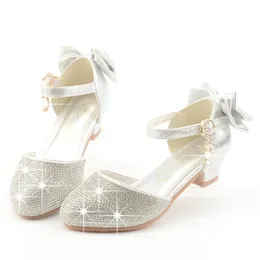 Princess Kids Leather Shoes for Girls dress shoe Glitter Children High Heel Butterfly Knot gold Pink Silver 220211