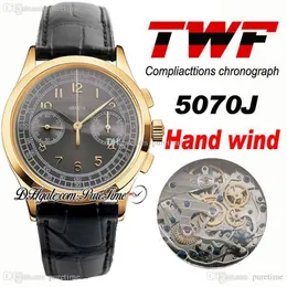 TWF Platinum Compliacttions Chronograph 5070J Automatik-Herrenuhr mit Handaufzug, 18 Karat Gelbgold, graues Zifferblatt, schwarzes Leder, PTPP Puretime P5d4