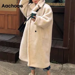 AACHOAE 겨울 여성 단단한 양고기 모피 코트 긴 소매 캐주얼 양털 재킷 칼라 긴 테디 코트 겉옷 201212